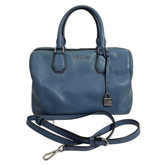 Michael Kors Mercer Duffel Bowling Shoulder Crossbody Bag Denim Blue Leather - Picture 1 of 15